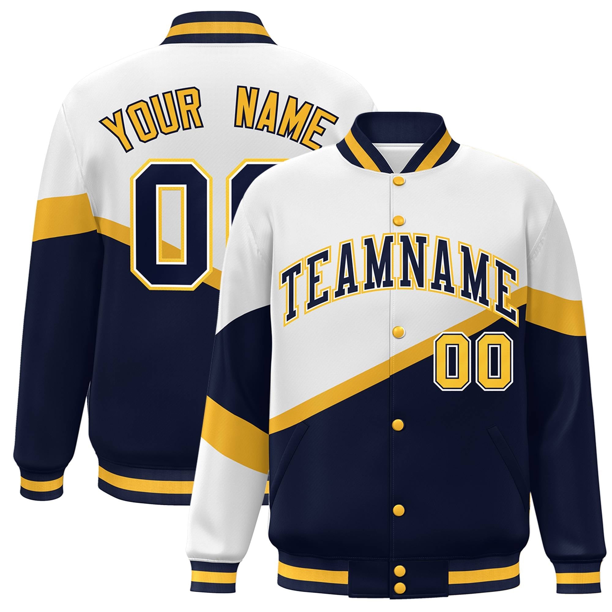 Custom White Navy-White Color Block Bomber Varsity Baseball Jacket