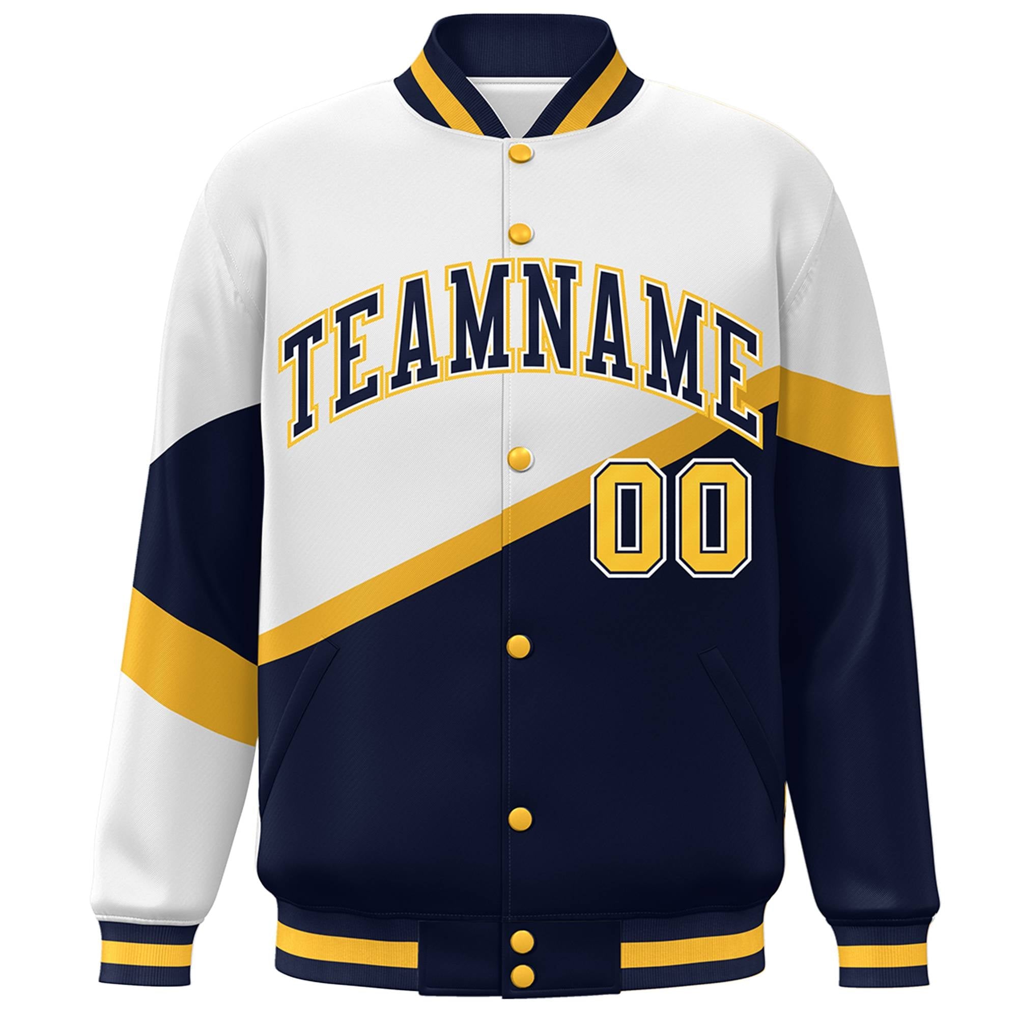 Custom White Navy-White Color Block Bomber Varsity Baseball Jacket