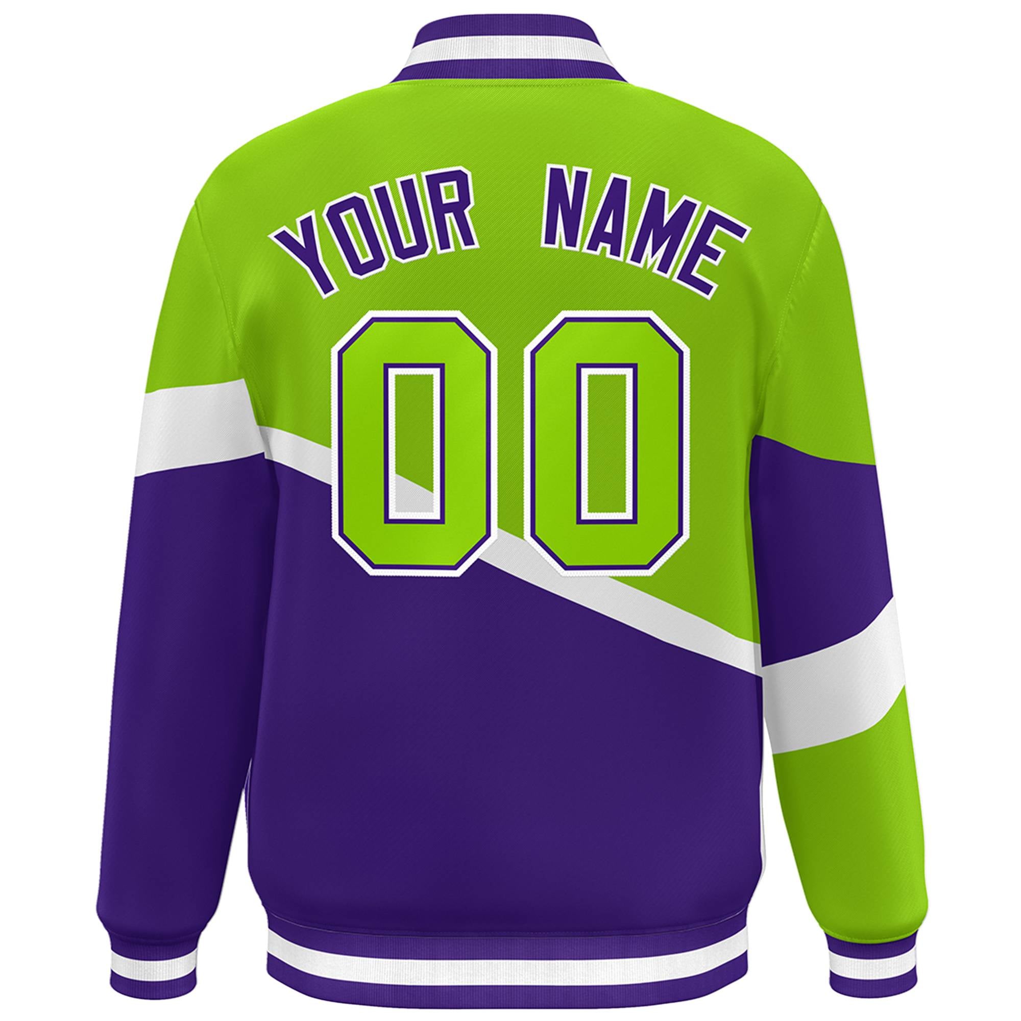 Custom Neon Green Purple-White Color Block Bomber Varsity Baseball Jacket