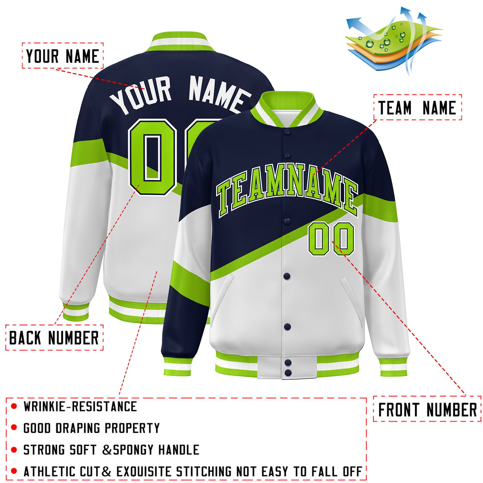 Custom Navy White Neon Green-Navy Color Block Bomber Varsity Baseball Jacket