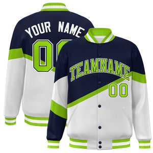 Custom Navy White Neon Green-Navy Color Block Bomber Varsity Baseball Jacket