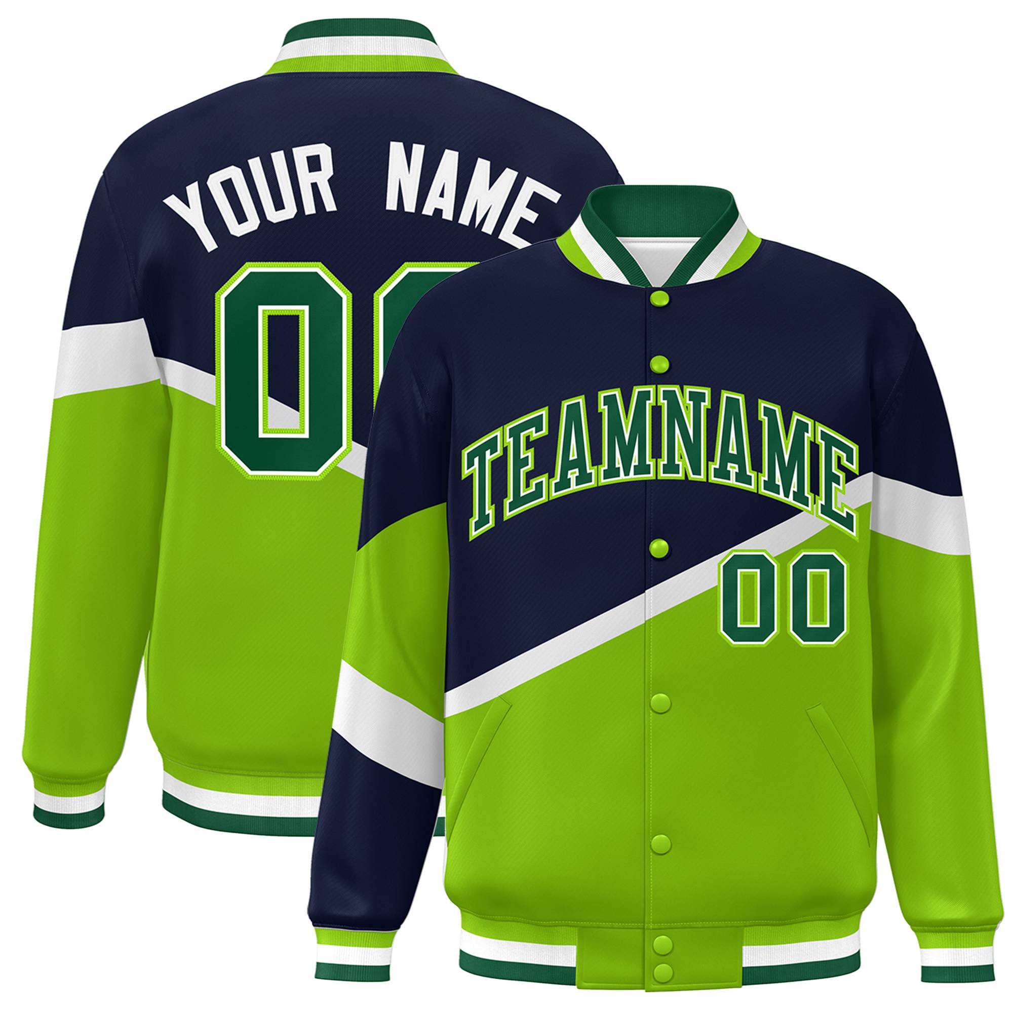 Custom Navy Neon Green-White Color Block Bomber Varsity Baseball Jacket