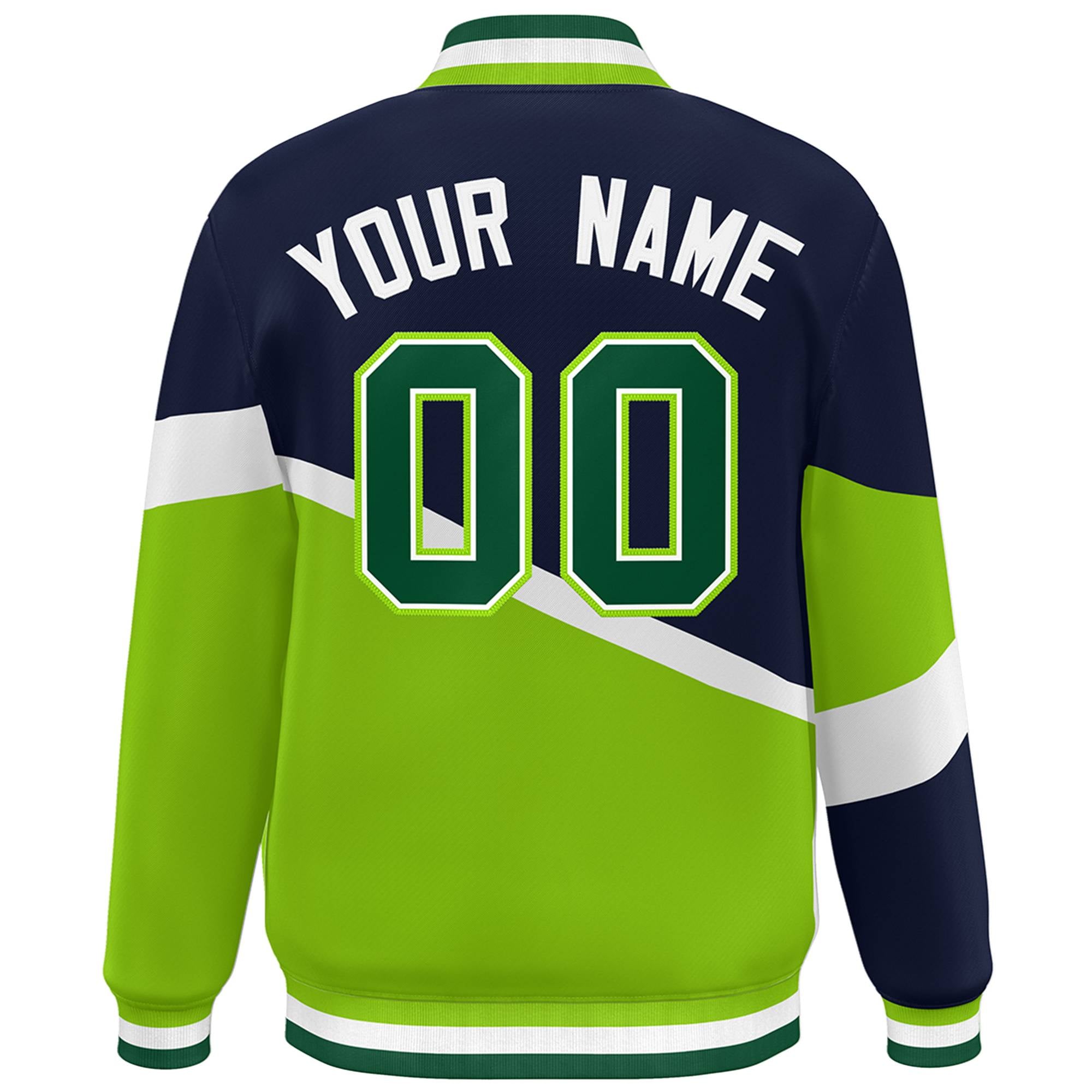 Custom Navy Neon Green-White Color Block Bomber Varsity Baseball Jacket