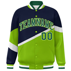 Custom Navy Neon Green-White Color Block Bomber Varsity Baseball Jacket