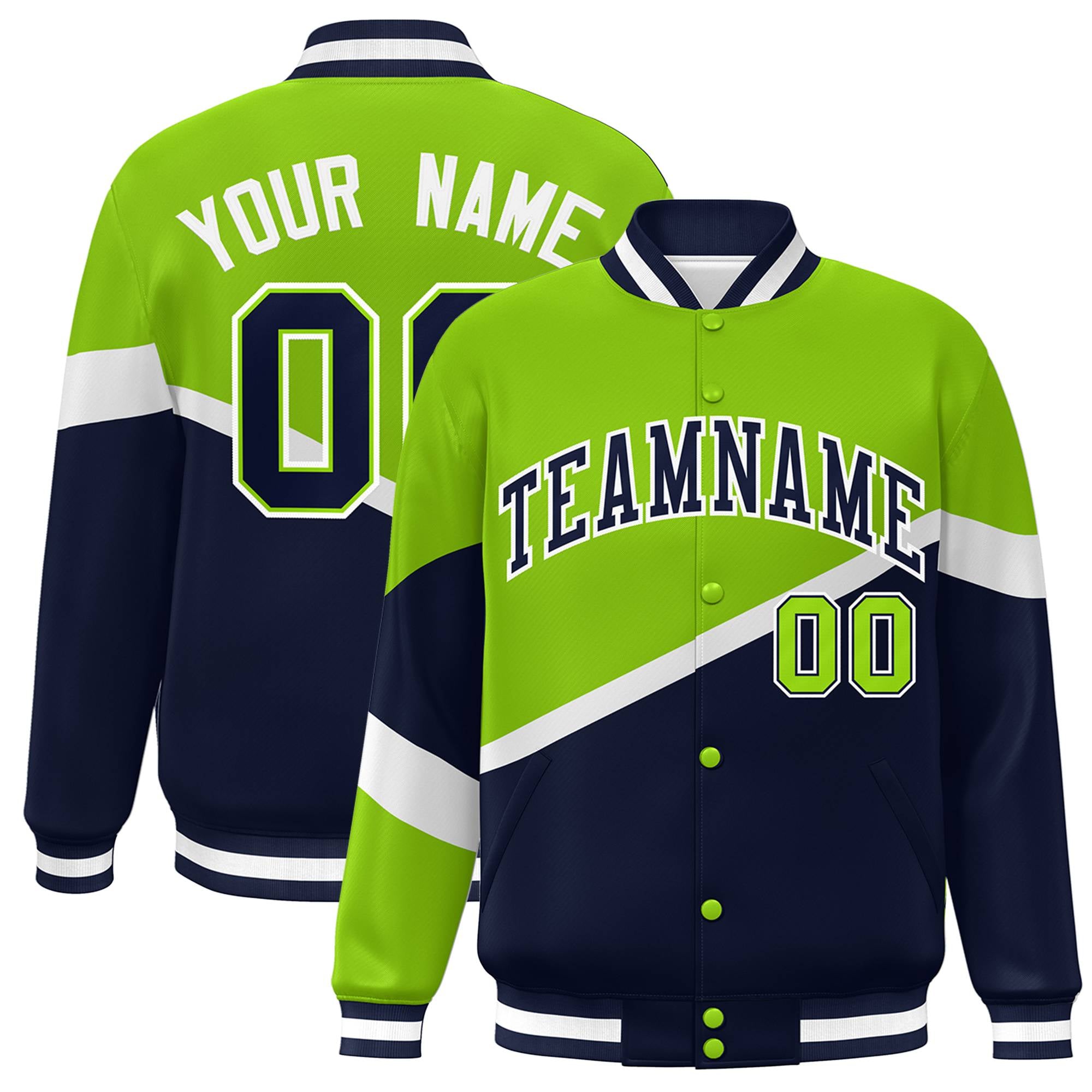 Custom Neon Green Navy-White Color Block Bomber Varsity Baseball Jacket