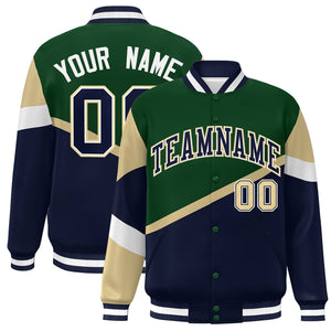 Custom Green Navy-White Color Block Bomber Varsity Baseball Jacket