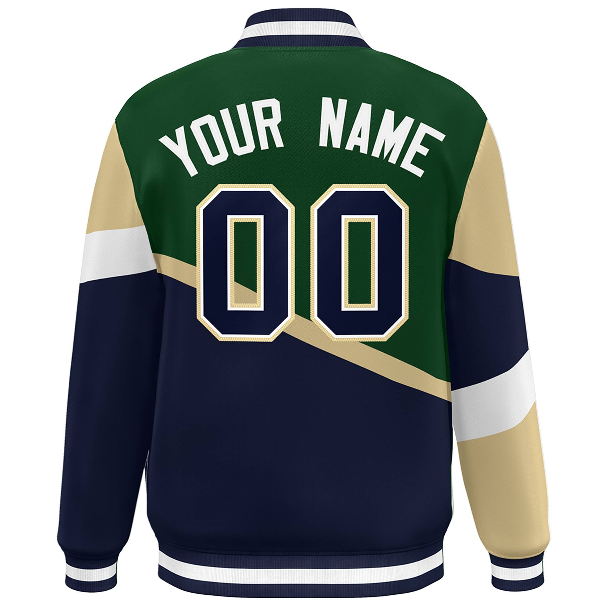 Custom Green Navy-White Color Block Bomber Varsity Baseball Jacket