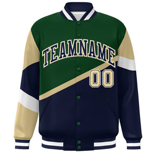 Custom Green Navy-White Color Block Bomber Varsity Baseball Jacket