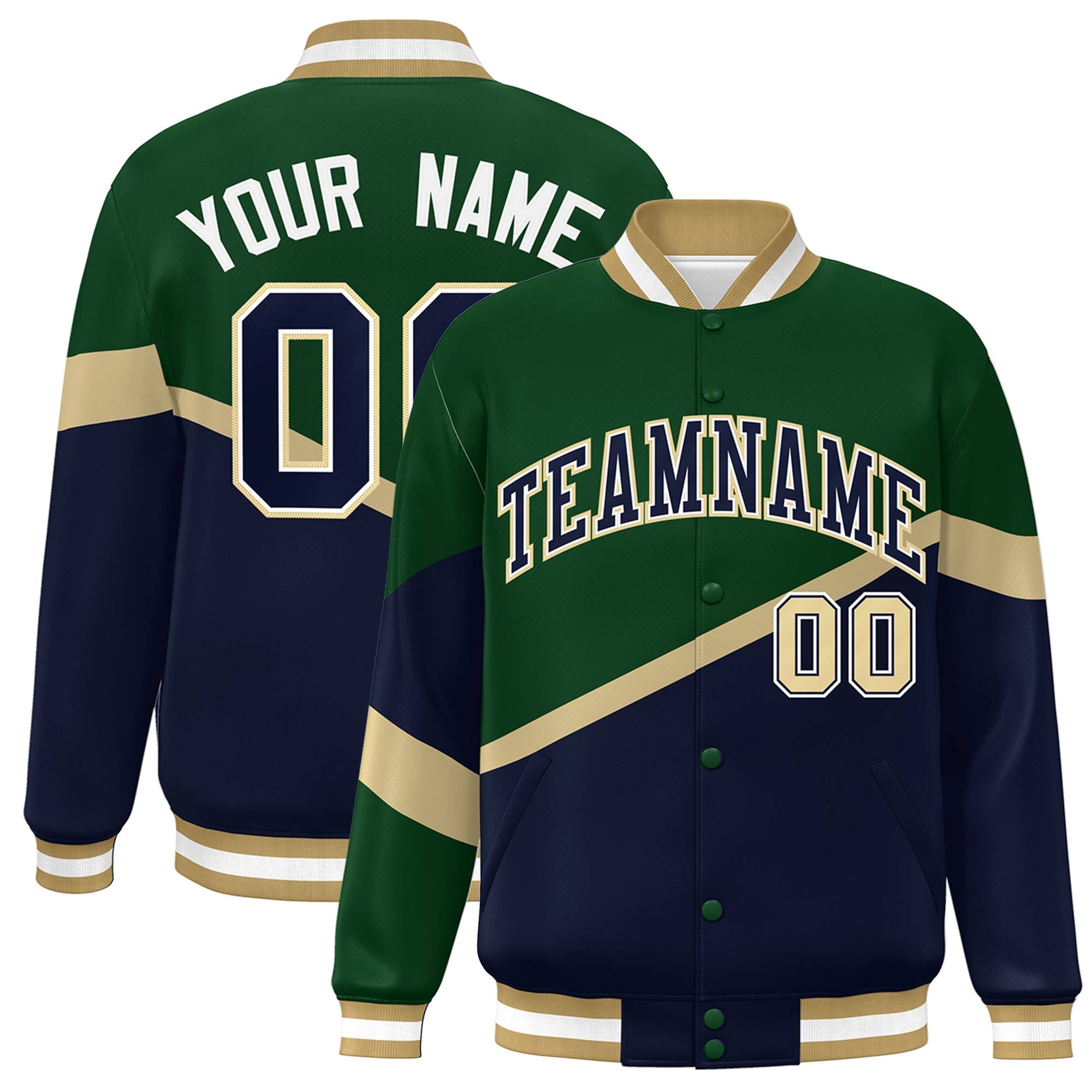 Custom Green Navy-White Color Block Bomber Varsity Baseball Jacket