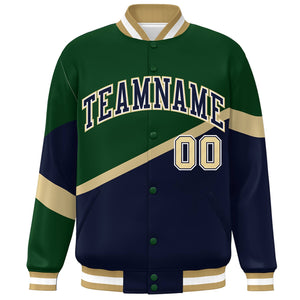 Custom Green Navy-White Color Block Bomber Varsity Baseball Jacket