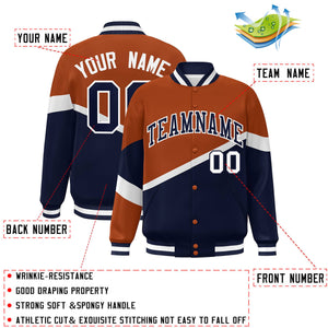 Custom Orange Navy-White Color Block Bomber Varsity Baseball Jacket