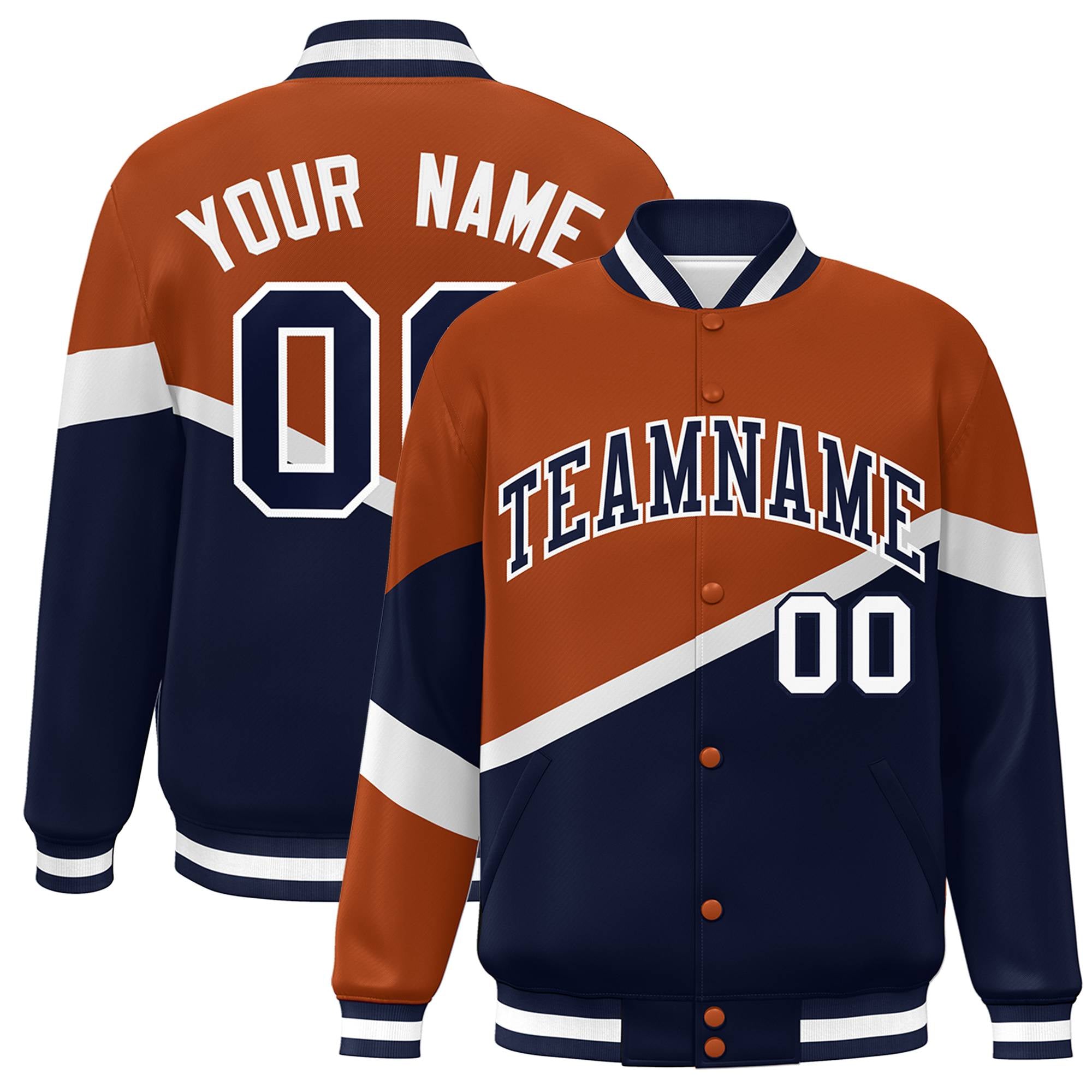 Custom Orange Navy-White Color Block Bomber Varsity Baseball Jacket