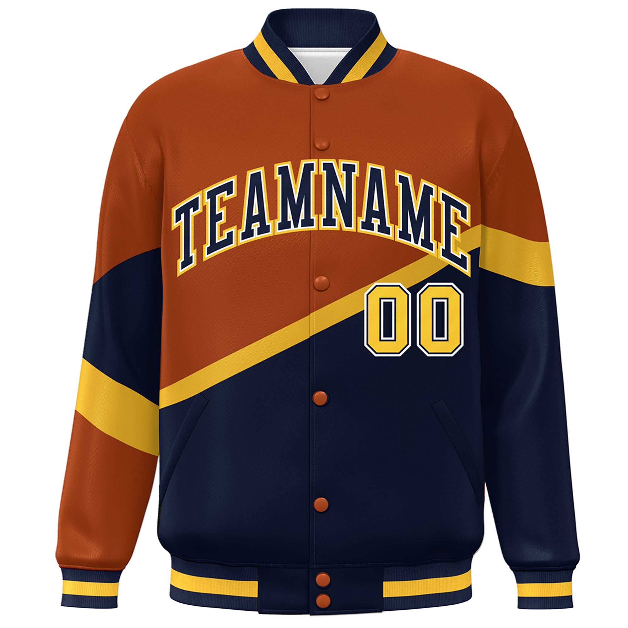 Custom Orange Navy-White Color Block Bomber Varsity Baseball Jacket