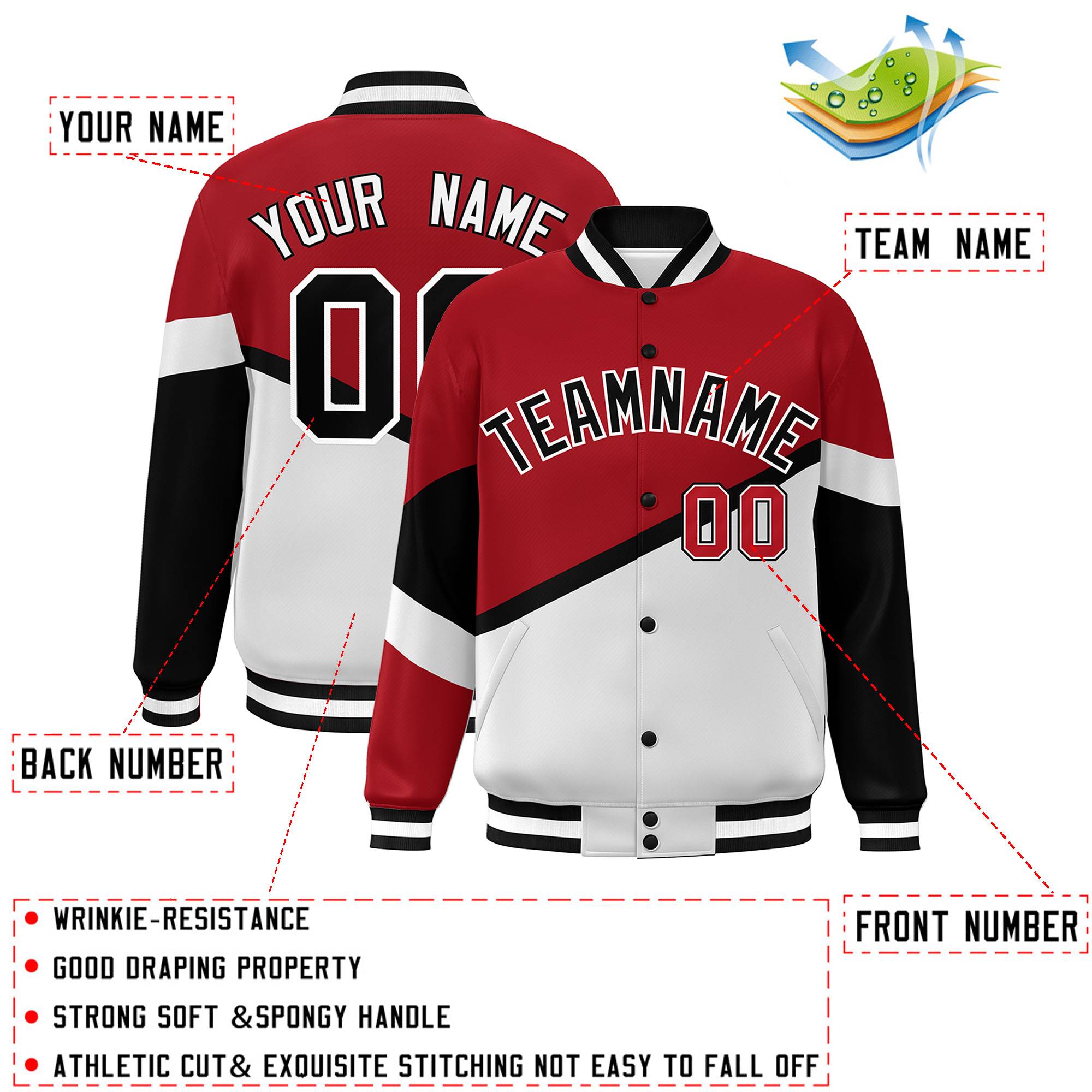 Custom Red White Black-White Color Block Bomber Varsity Baseball Jacket