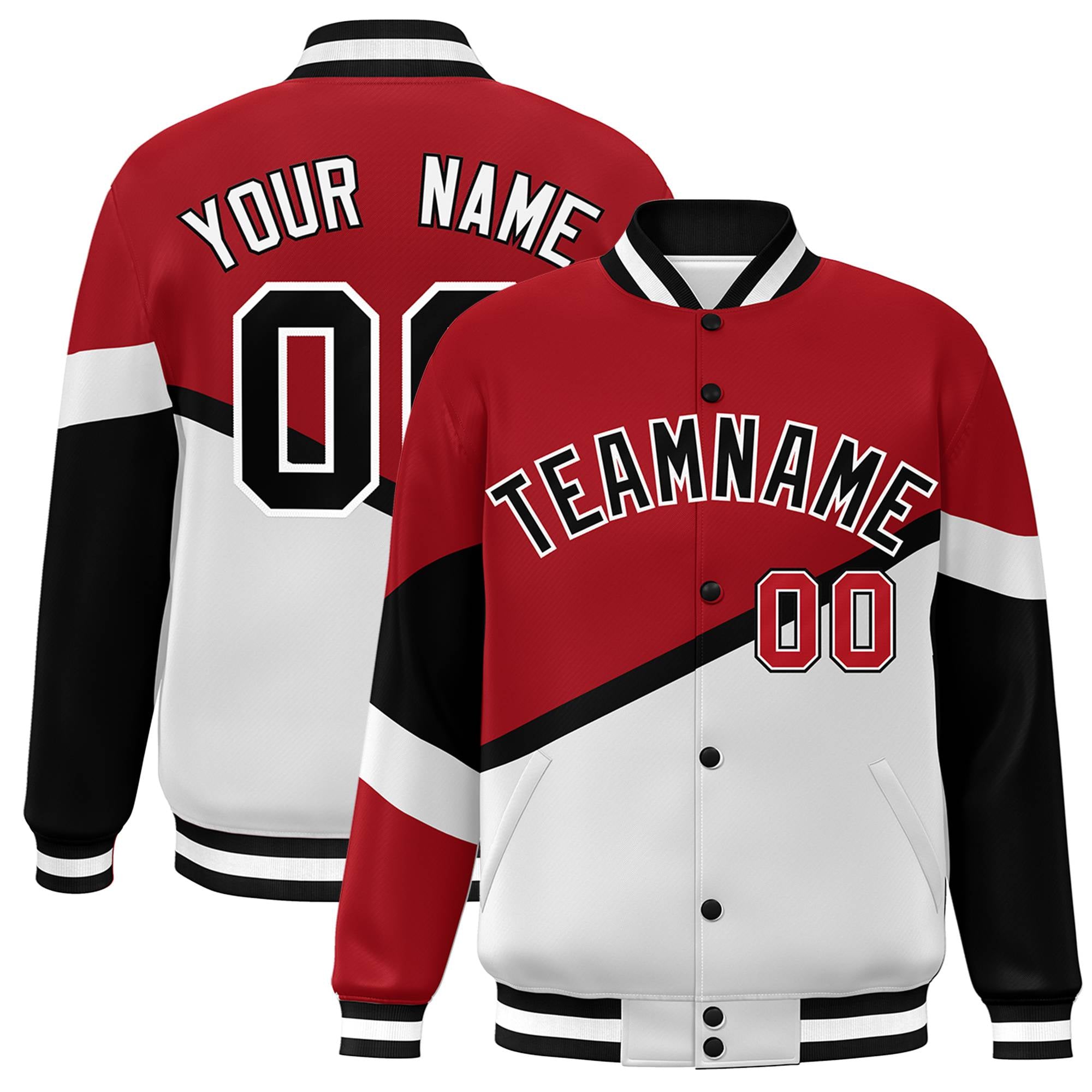 Custom Red White Black-White Color Block Bomber Varsity Baseball Jacket