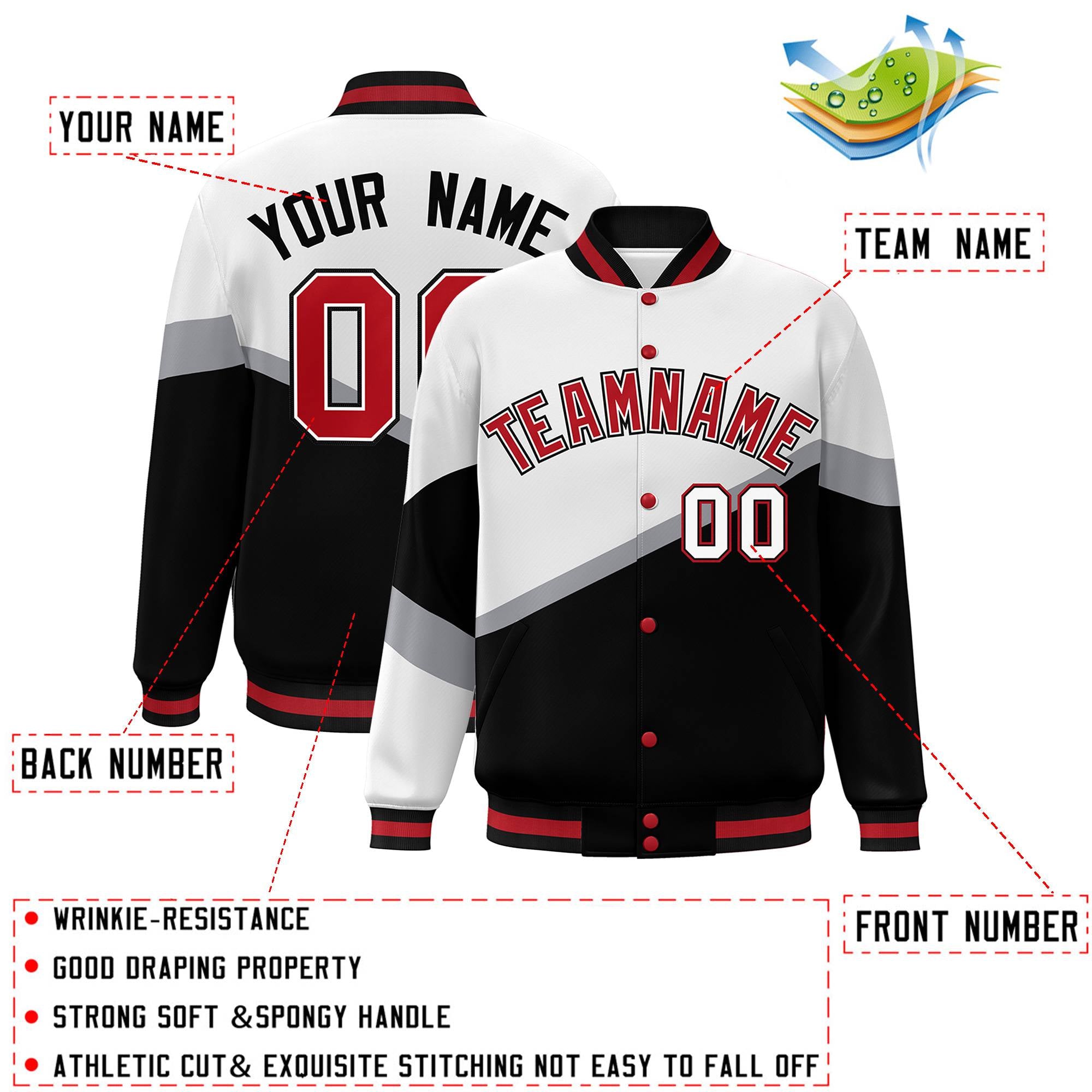 Custom White Black Red-White Color Block Bomber Varsity Baseball Jacket