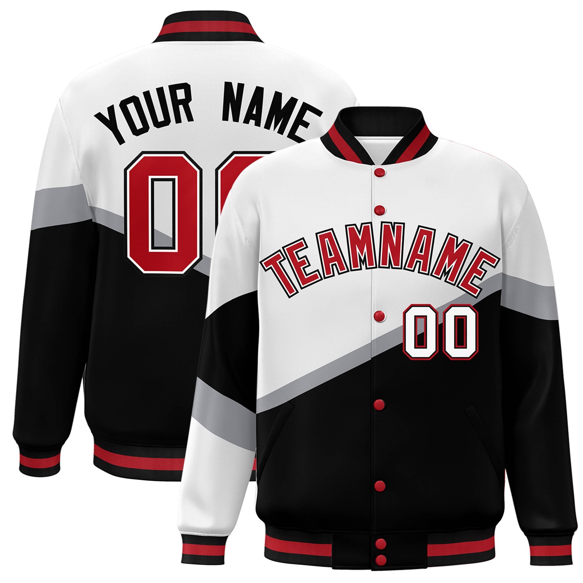 Custom White Black Red-White Color Block Bomber Varsity Baseball Jacket