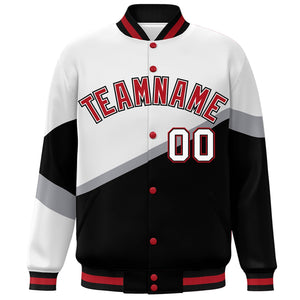 Custom White Black Red-White Color Block Bomber Varsity Baseball Jacket