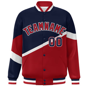 Custom Navy Red-Navy Color Block Bomber Varsity Baseball Jacket