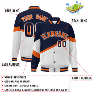 Custom Navy White Orange-Navy Color Block Bomber Varsity Baseball Jacket