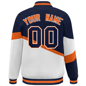 Custom Navy White Orange-Navy Color Block Bomber Varsity Baseball Jacket