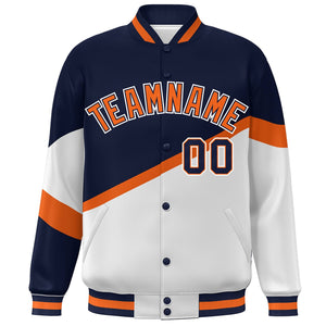 Custom Navy White Orange-Navy Color Block Bomber Varsity Baseball Jacket