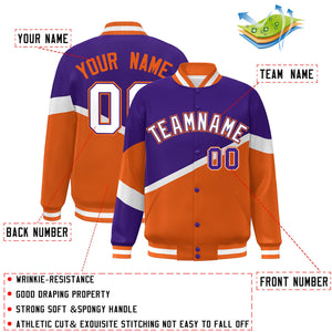 Custom Purple Orange White-Purple Color Block Bomber Varsity Baseball Jacket