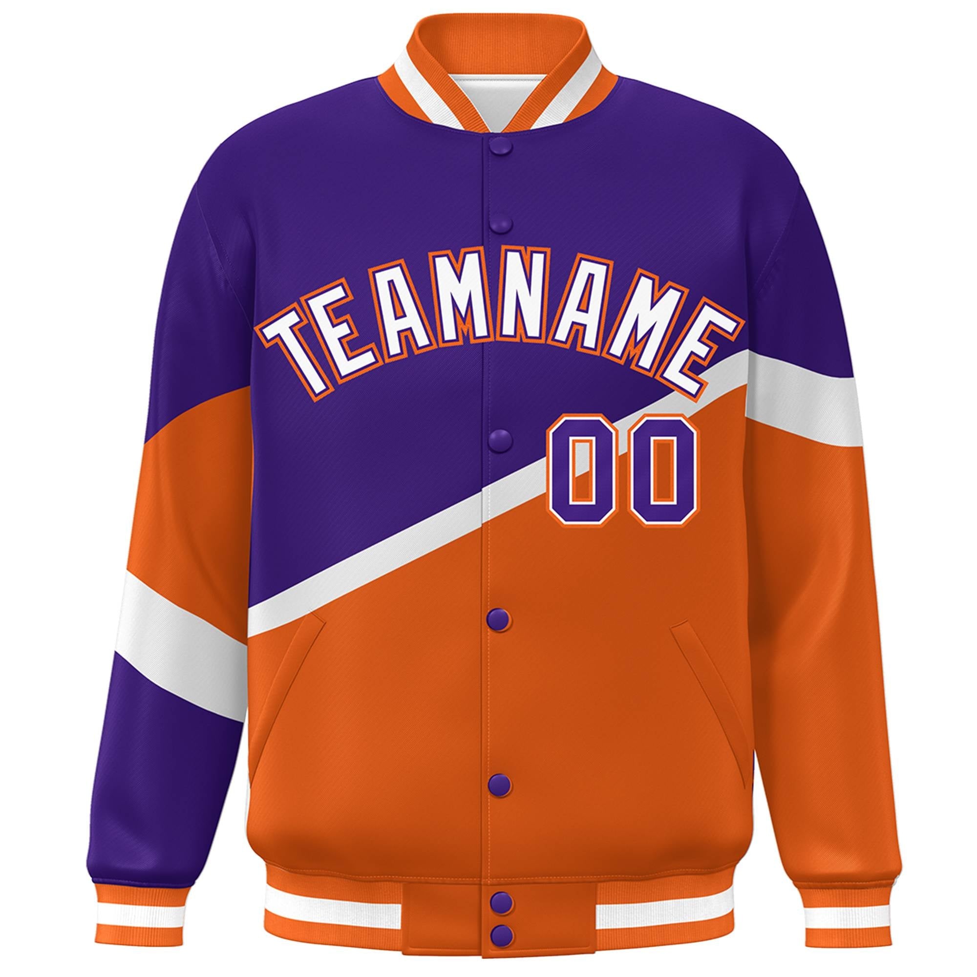 Custom Purple Orange White-Purple Color Block Bomber Varsity Baseball Jacket