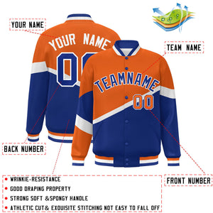 Custom Orange Royal-White Color Block Bomber Varsity Baseball Jacket