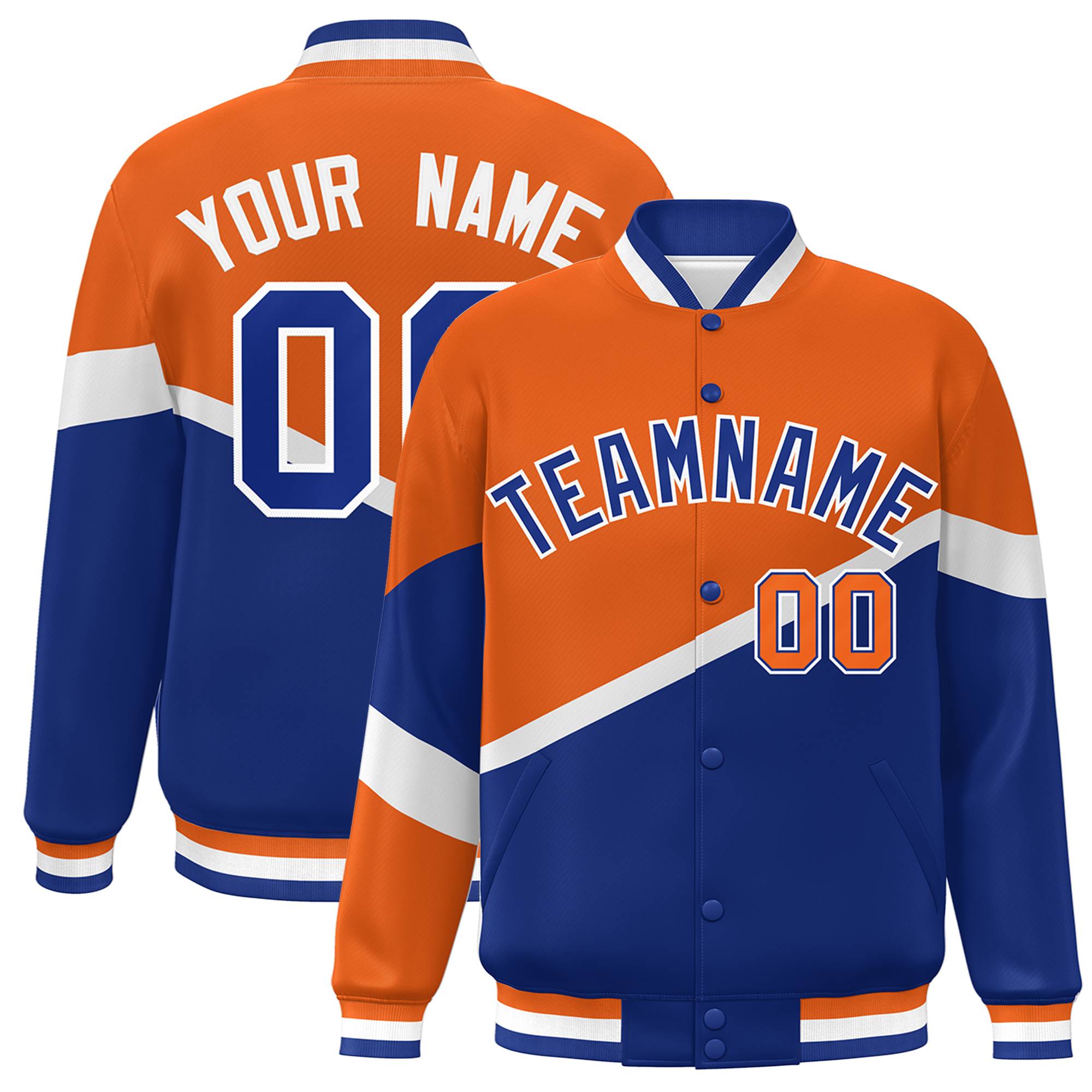 Custom Orange Royal-White Color Block Bomber Varsity Baseball Jacket