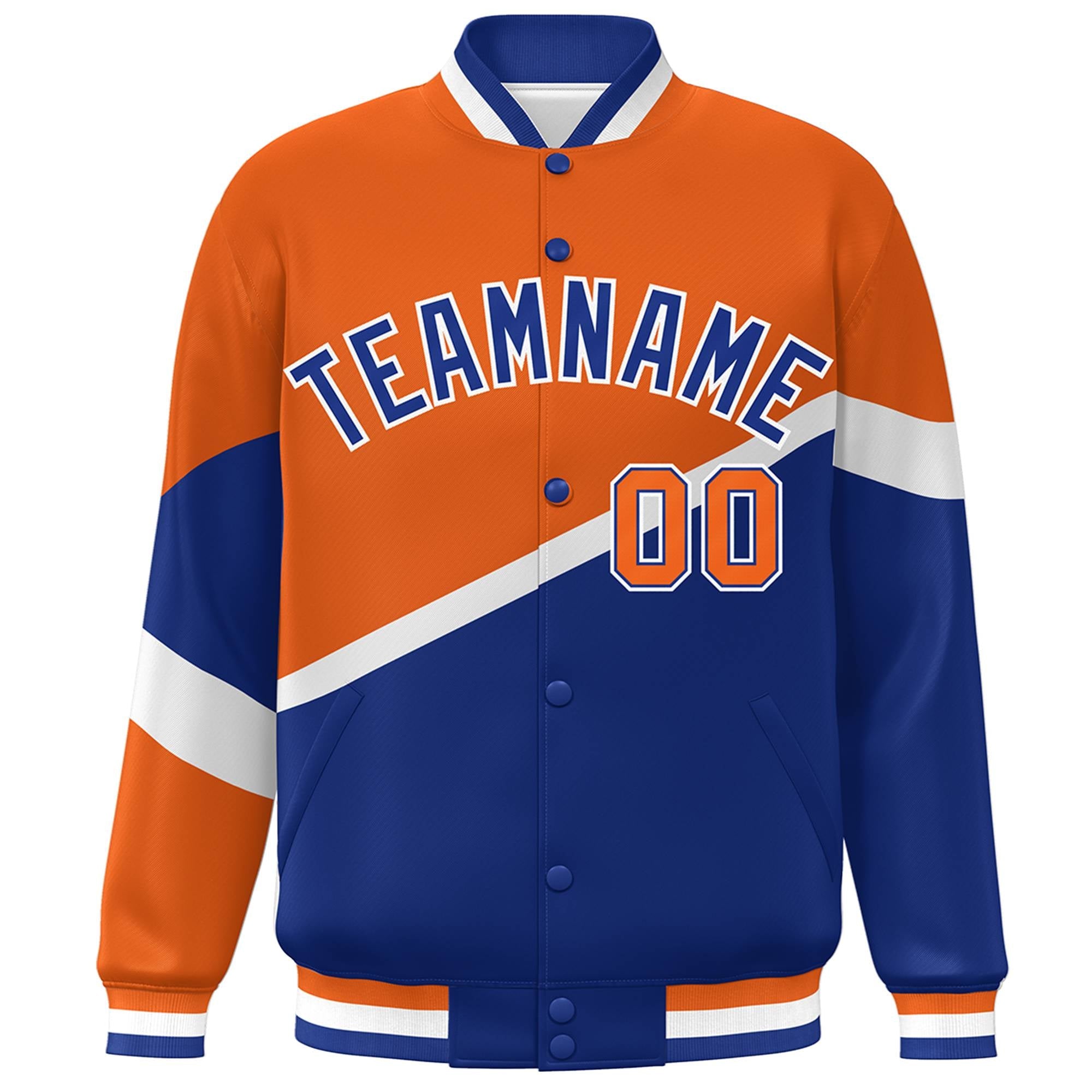 Custom Orange Royal-White Color Block Bomber Varsity Baseball Jacket