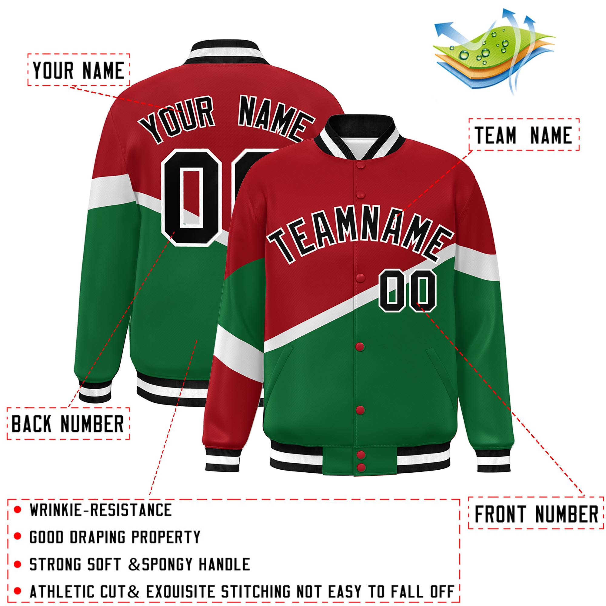 Custom Red Kelly Green Black-White Color Block Bomber Varsity Baseball Jacket