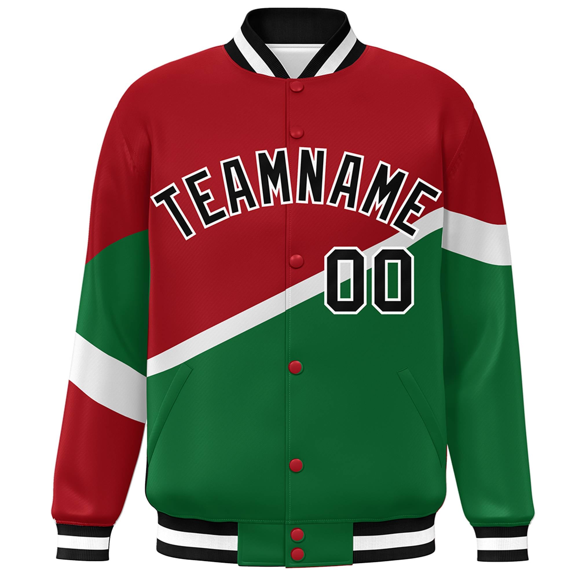 Custom Red Kelly Green Black-White Color Block Bomber Varsity Baseball Jacket