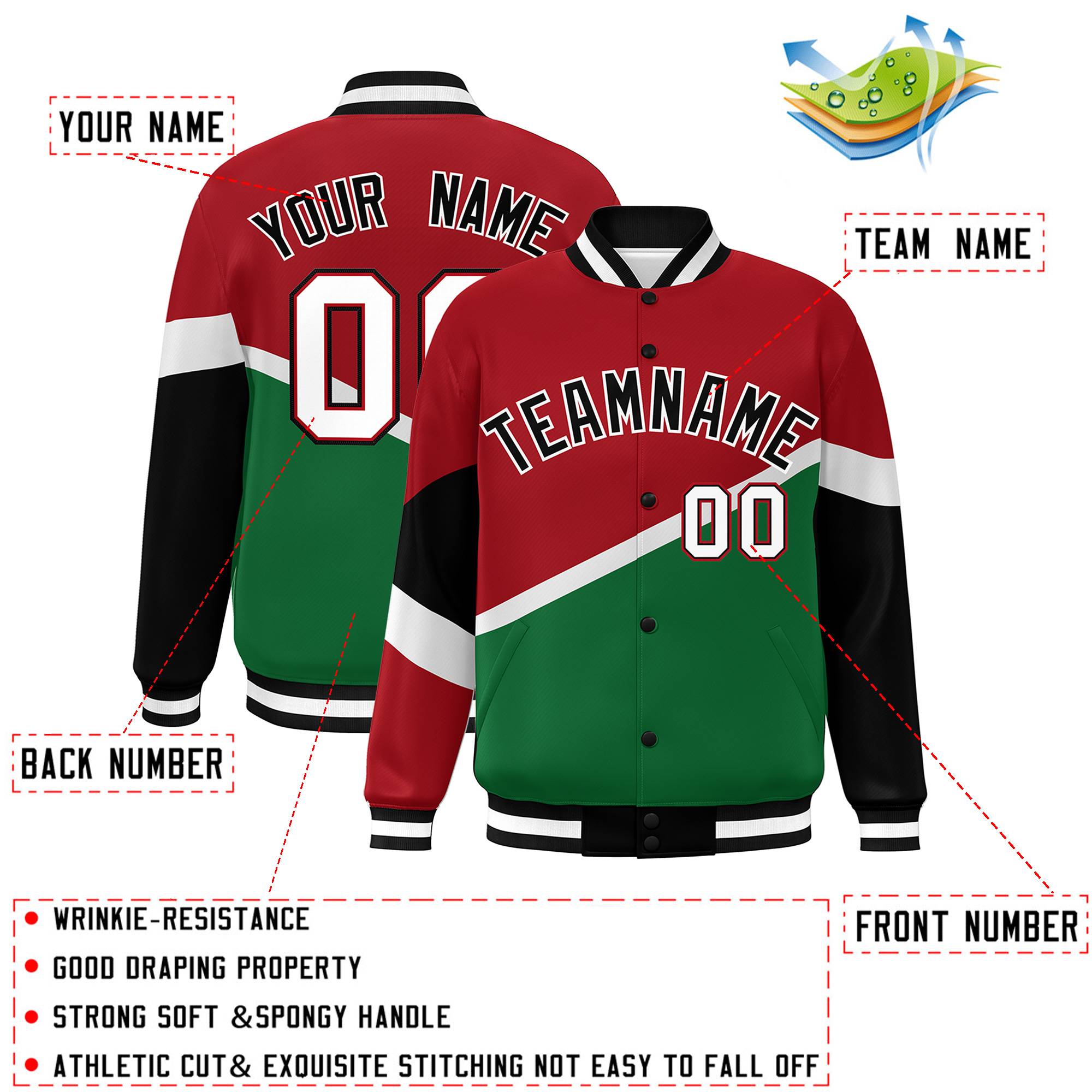 Custom Red Kelly Green Black-White Color Block Bomber Varsity Baseball Jacket