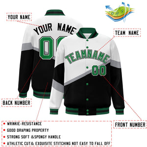 Custom White Black Kelly Green-White Color Block Bomber Varsity Baseball Jacket