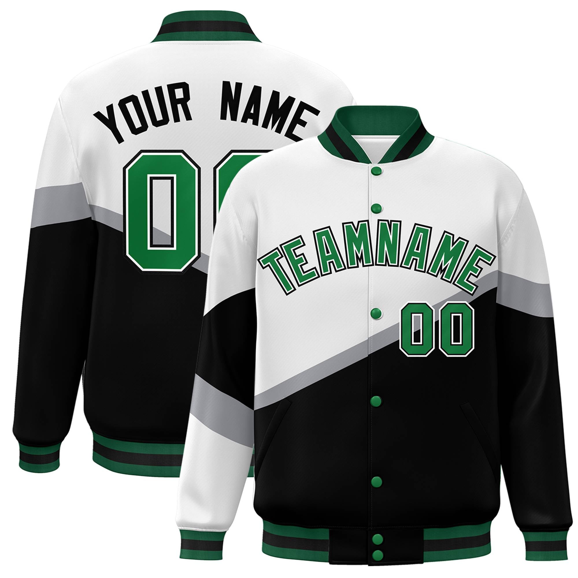 Custom White Black Kelly Green-White Color Block Bomber Varsity Baseball Jacket