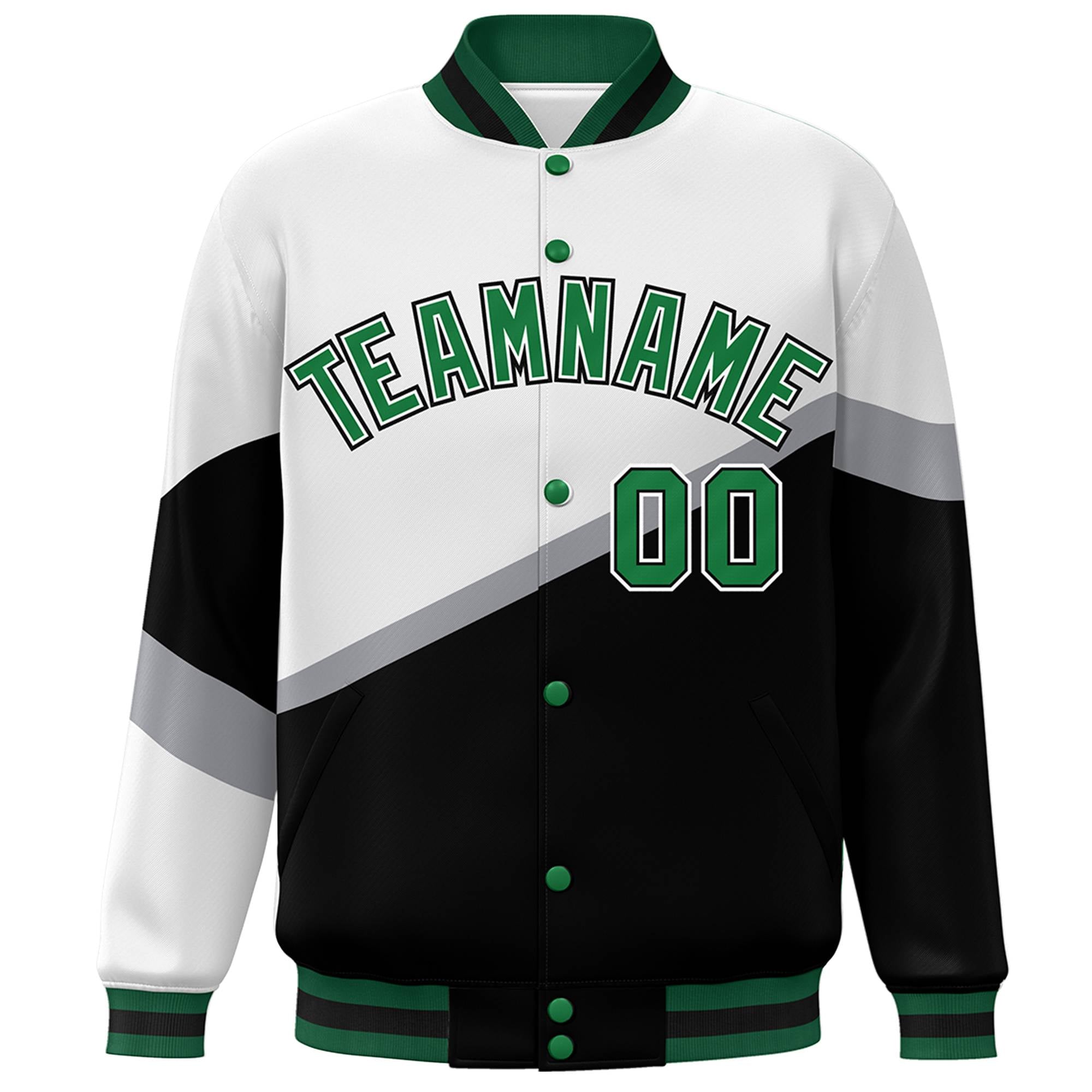 Custom White Black Kelly Green-White Color Block Bomber Varsity Baseball Jacket