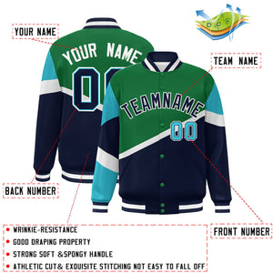 Custom Kelly Green Navy-White Color Block Bomber Varsity Baseball Jacket