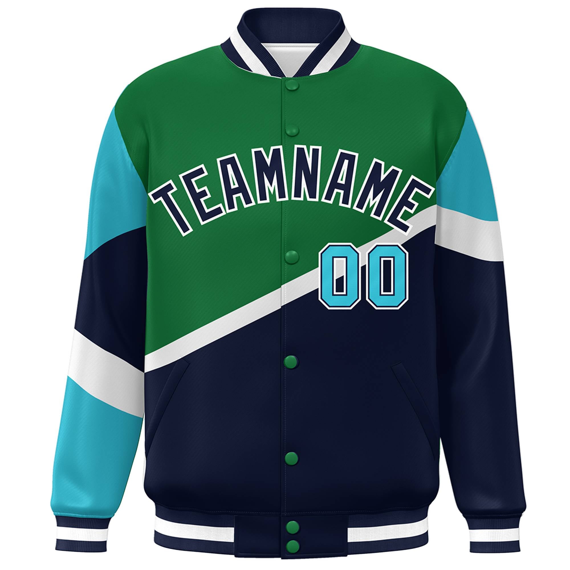 Custom Kelly Green Navy-White Color Block Bomber Varsity Baseball Jacket