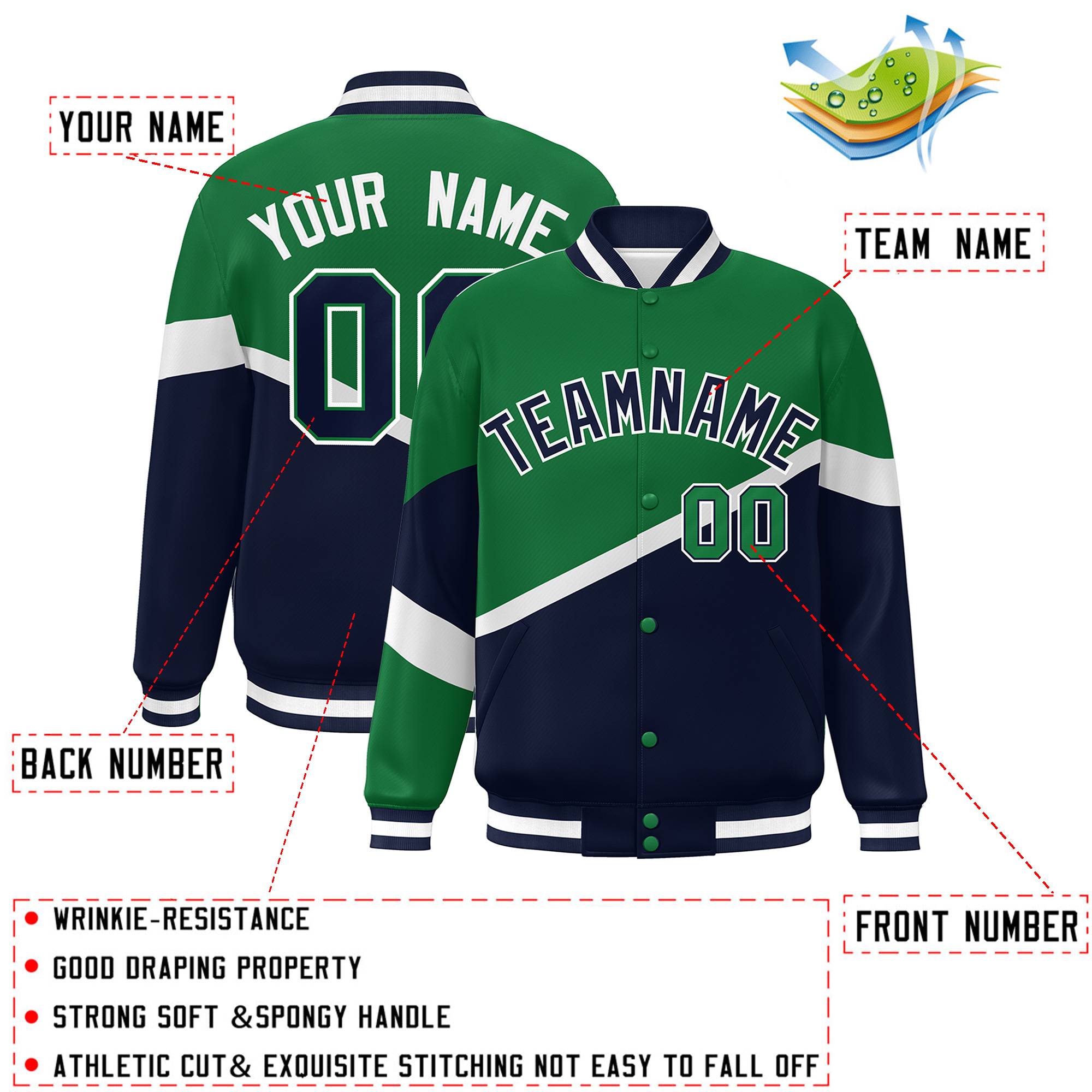 Custom Kelly Green Navy-White Color Block Bomber Varsity Baseball Jacket