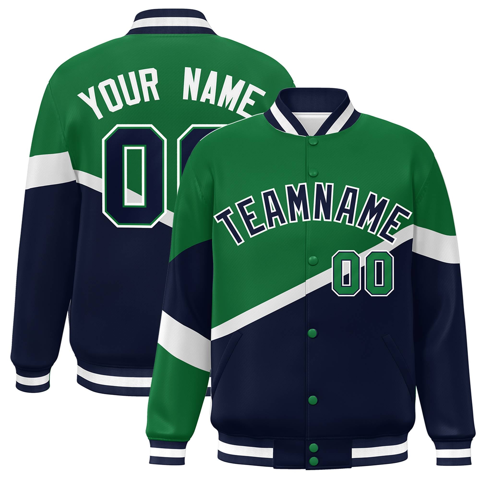 Custom Kelly Green Navy-White Color Block Bomber Varsity Baseball Jacket