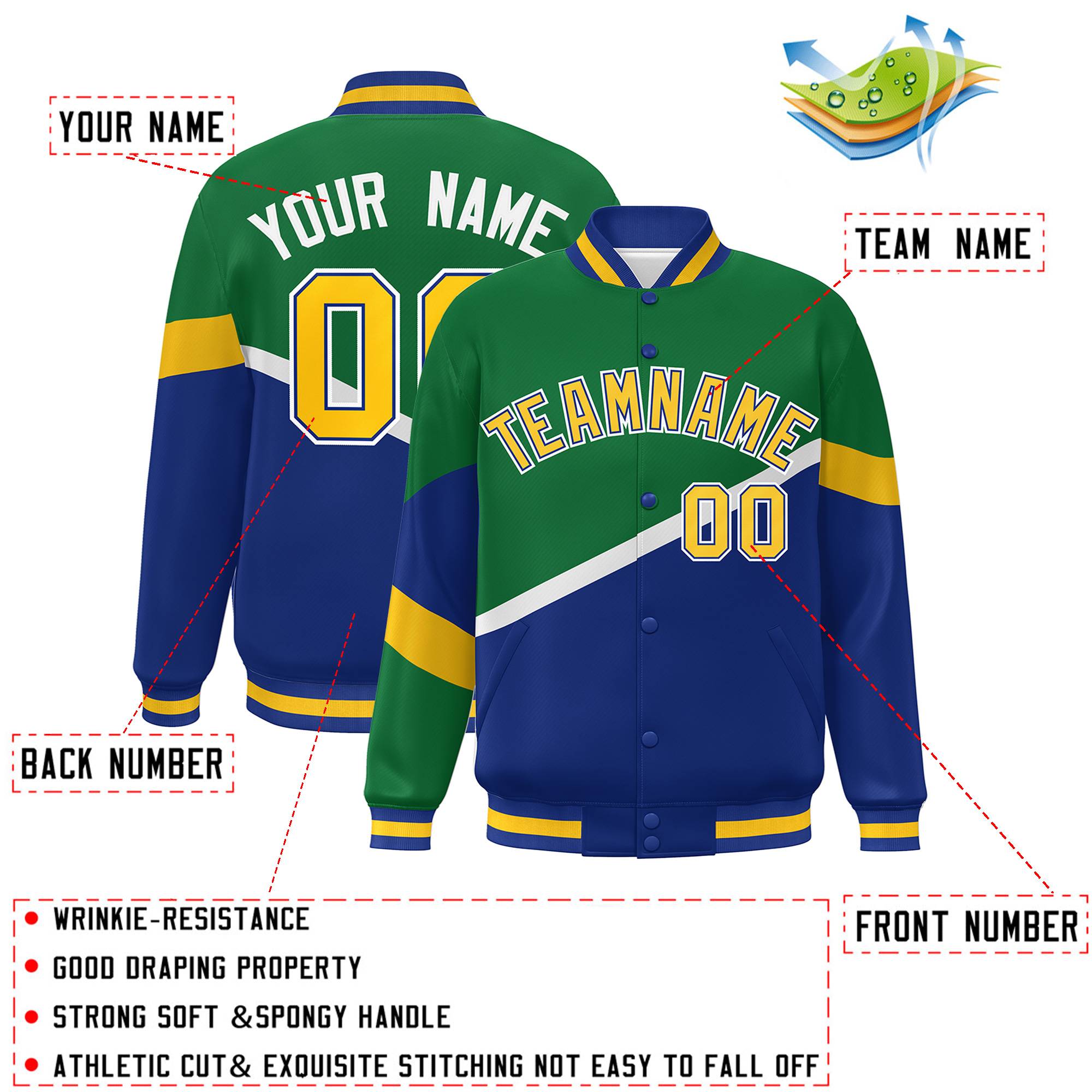 Custom Kelly Green Royal Gold-Royal Color Block Bomber Varsity Baseball Jacket