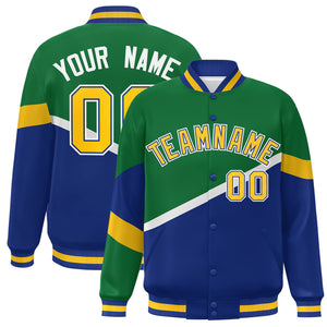 Custom Kelly Green Royal Gold-Royal Color Block Bomber Varsity Baseball Jacket