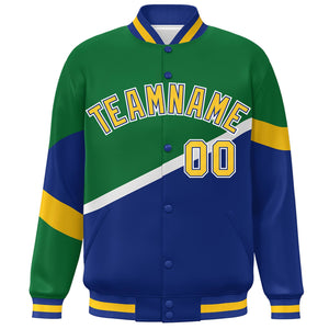 Custom Kelly Green Royal Gold-Royal Color Block Bomber Varsity Baseball Jacket