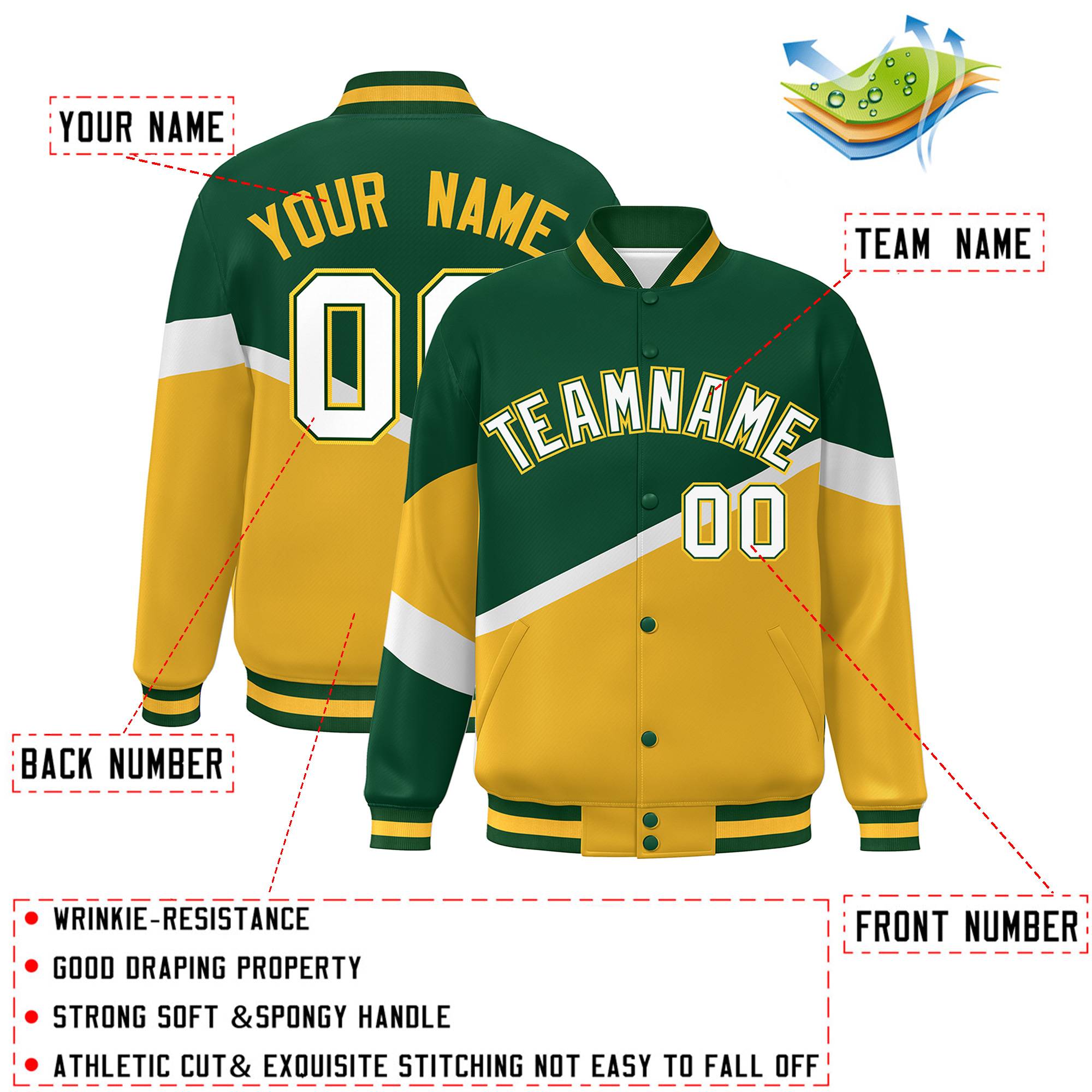 Custom Green Gold White-Green Color Block Bomber Varsity Baseball Jacket