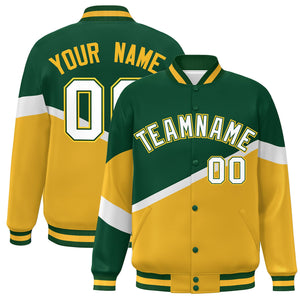 Custom Green Gold White-Green Color Block Bomber Varsity Baseball Jacket