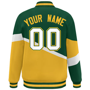 Custom Green Gold White-Green Color Block Bomber Varsity Baseball Jacket