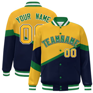 Custom Gold Navy Kelly Green-White Color Block Bomber Varsity Baseball Jacket