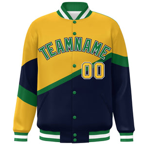 Custom Gold Navy Kelly Green-White Color Block Bomber Varsity Baseball Jacket