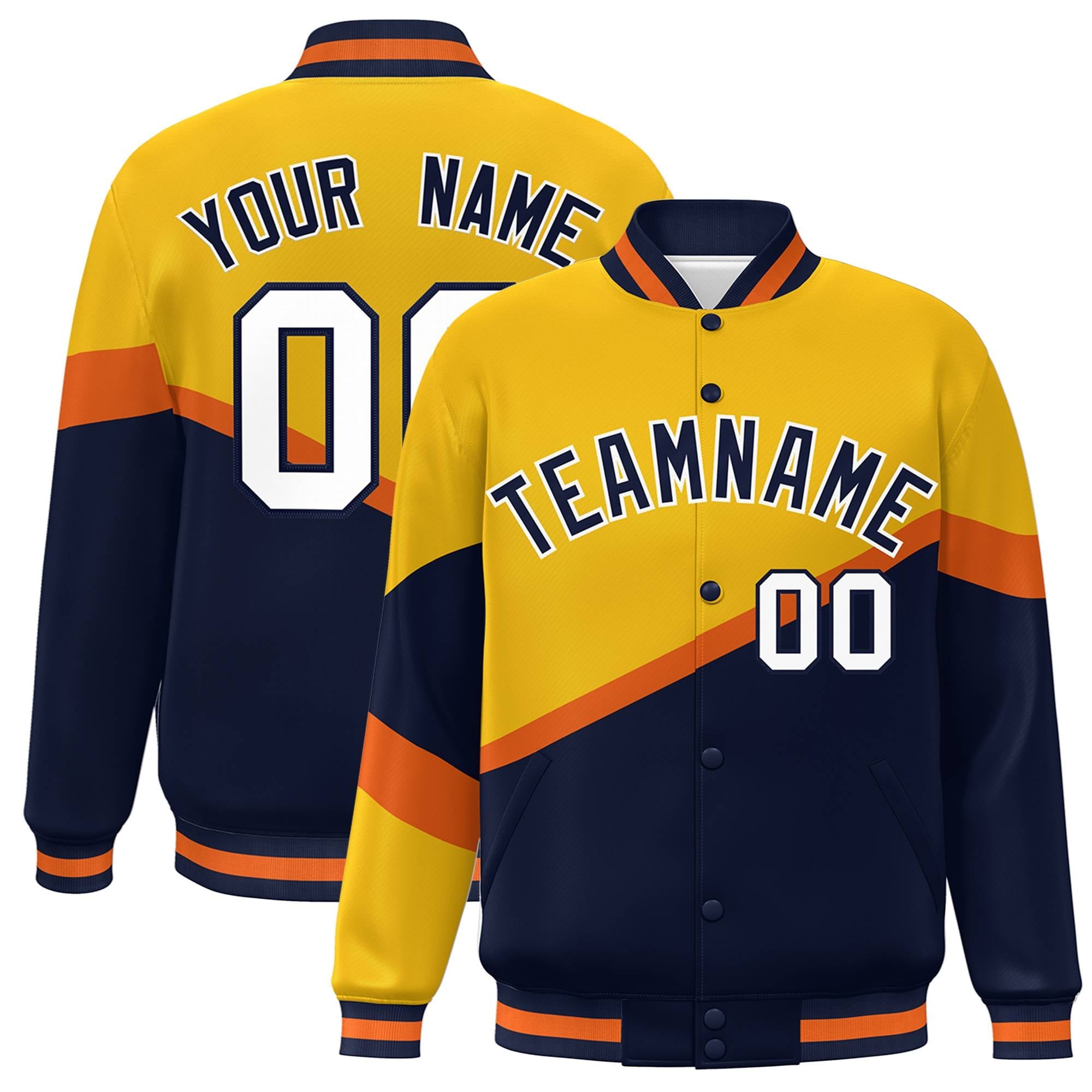 Custom Gold Navy-White Color Block Bomber Varsity Baseball Jacket